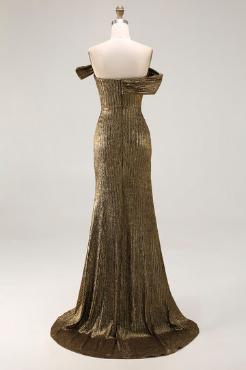 Or Épaule Dénudée Fourreau Robe De Bal En Satin Métallisé Avec Fente